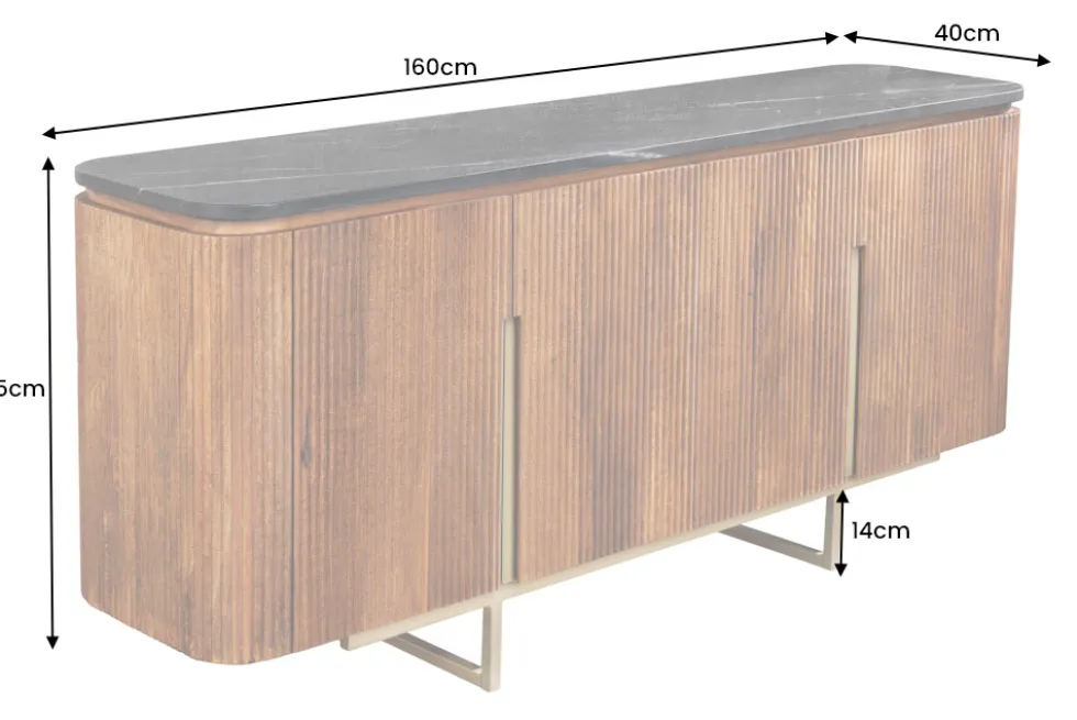Design Sideboard GATSBY 160cm braun gold Mangoholz Marmor Metallgestell