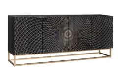 Design Sideboard ILLUSION 180cm schwarz Mangoholz Massivholz mit 3D Schnitzereien gold Eisen Metallgestell