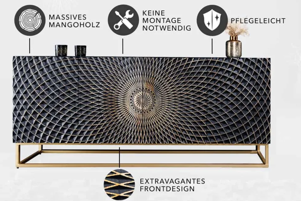 Design Sideboard ILLUSION 180cm schwarz Mangoholz Massivholz mit 3D Schnitzereien gold Eisen Metallgestell