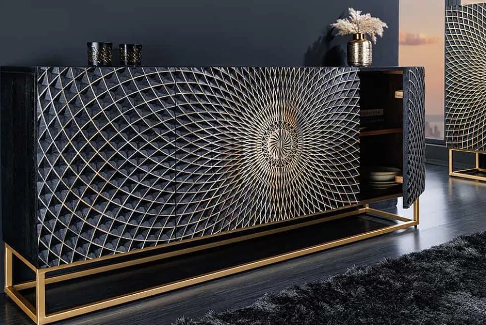Design Sideboard ILLUSION 180cm schwarz Mangoholz Massivholz mit 3D Schnitzereien gold Eisen Metallgestell