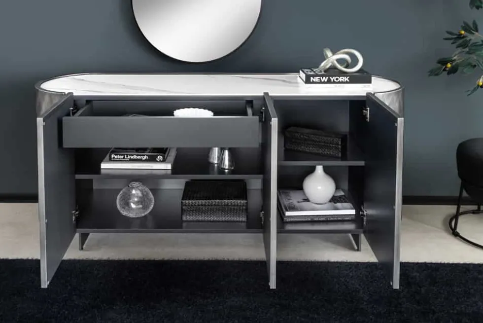 Design Sideboard REFLECTION 150cm weiß Keramik Marmor anthrazit 3D Effekt brushed Finish