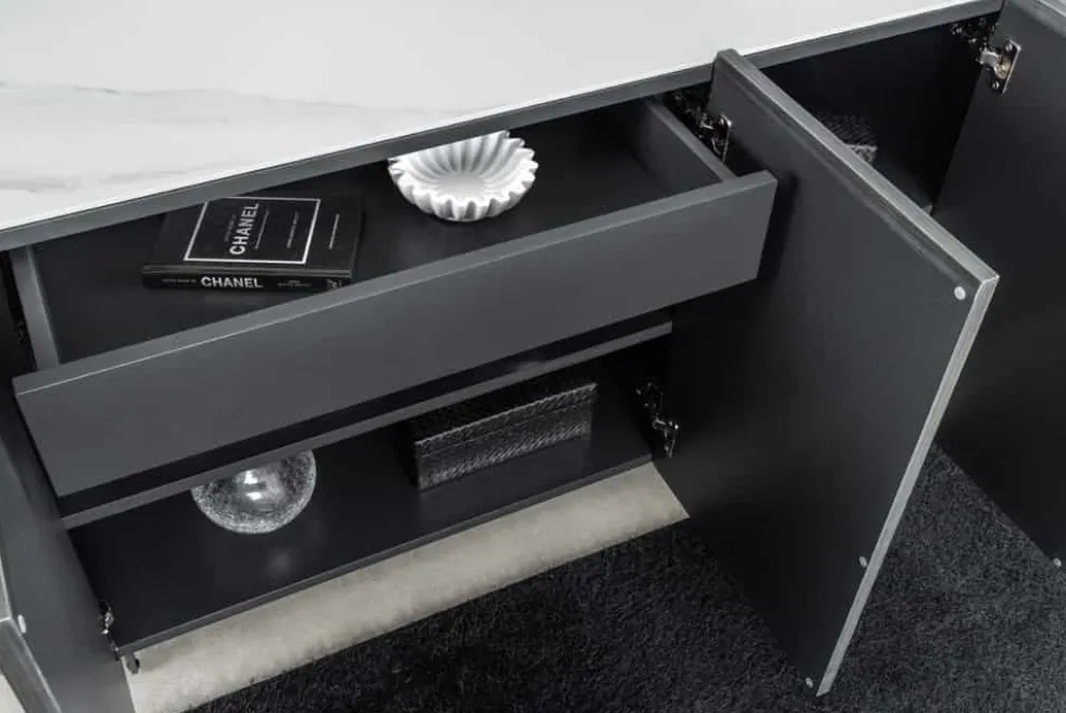 Design Sideboard REFLECTION 150cm weiß Keramik Marmor anthrazit 3D Effekt brushed Finish