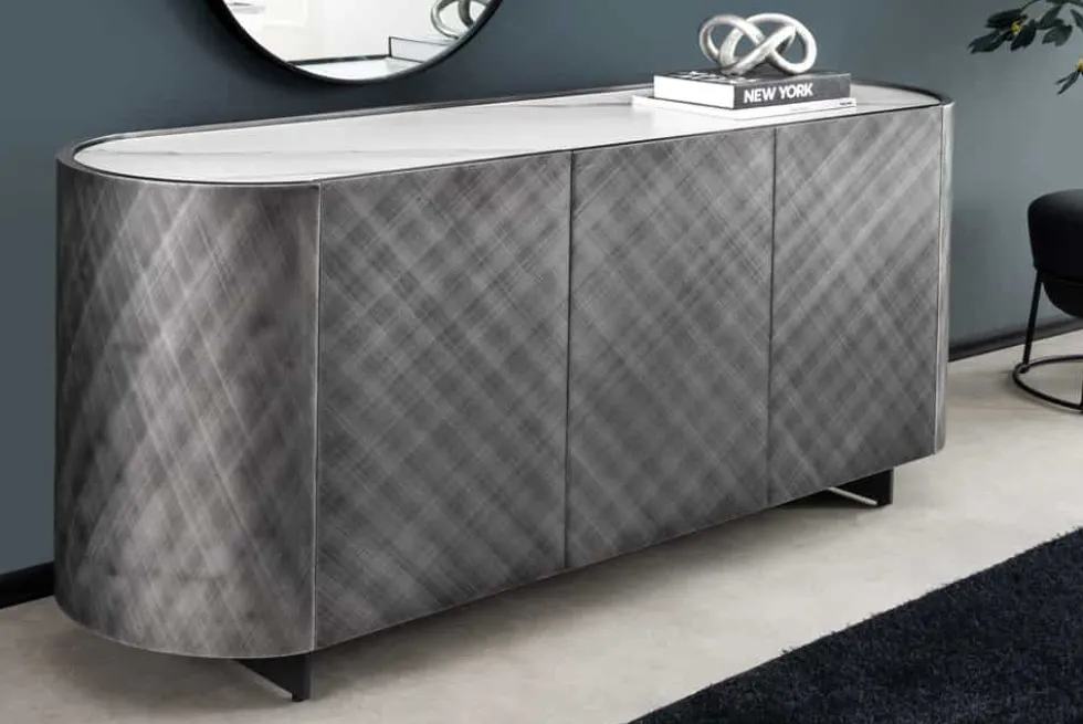 Design Sideboard REFLECTION 150cm weiß Keramik Marmor anthrazit 3D Effekt brushed Finish