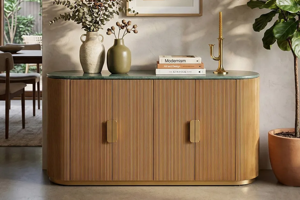 Design Sideboard VENEZIANO 170cm messing Mangoholz grün Marmor gold