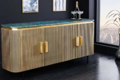 Design Sideboard VENEZIANO 160cm messing grün Marmorplatte Mangoholz Retro