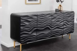 Design Sideboard WAVE 160cm schwarz Mangoholz Massivholz mattgold Metallbeine