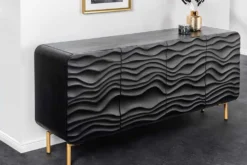 Design Sideboard WAVE 160cm schwarz Mangoholz Massivholz mattgold Metallbeine