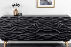 Design Sideboard WAVE 160cm schwarz Mangoholz Massivholz mattgold Metallbeine