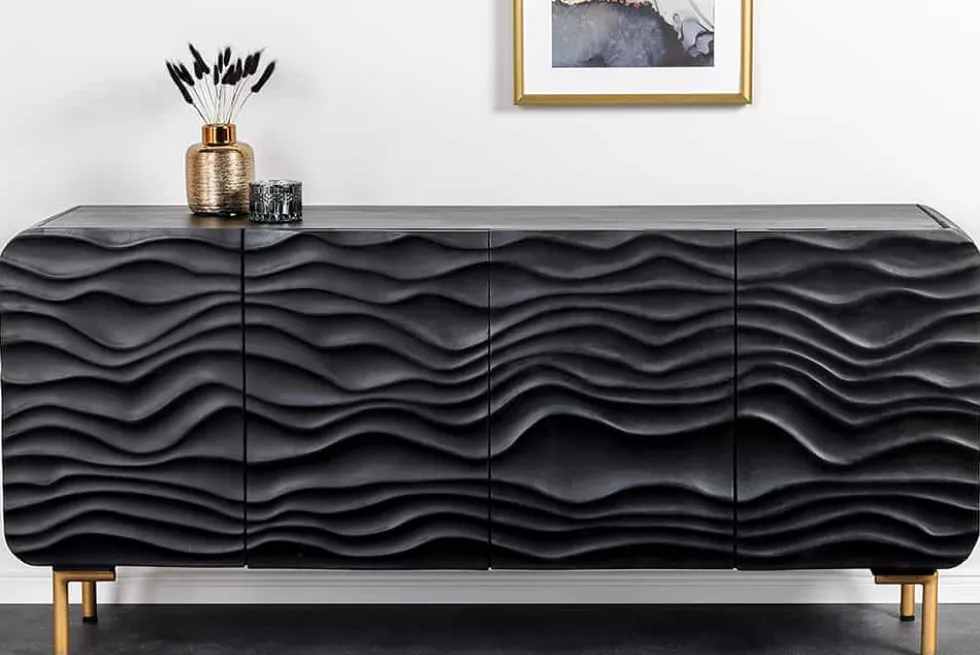 Design Sideboard WAVE 160cm schwarz Mangoholz Massivholz mattgold Metallbeine