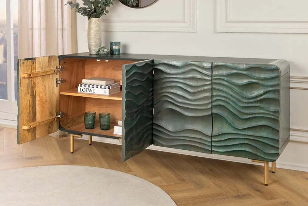 Design Sideboard WAVE 160cm türkis Mangoholz Massivholz mattgold Metallbeine