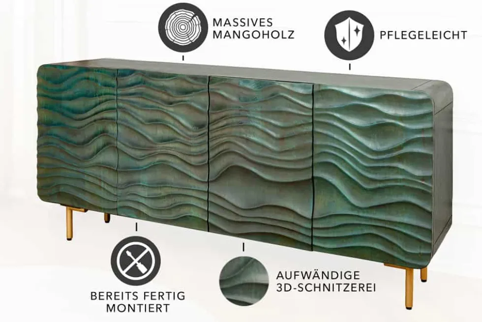Design Sideboard WAVE 160cm türkis Mangoholz Massivholz mattgold Metallbeine