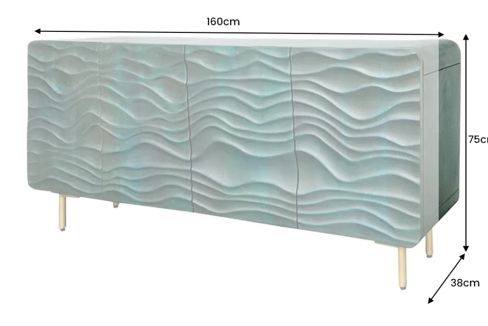 Design Sideboard WAVE 160cm türkis Mangoholz Massivholz mattgold Metallbeine