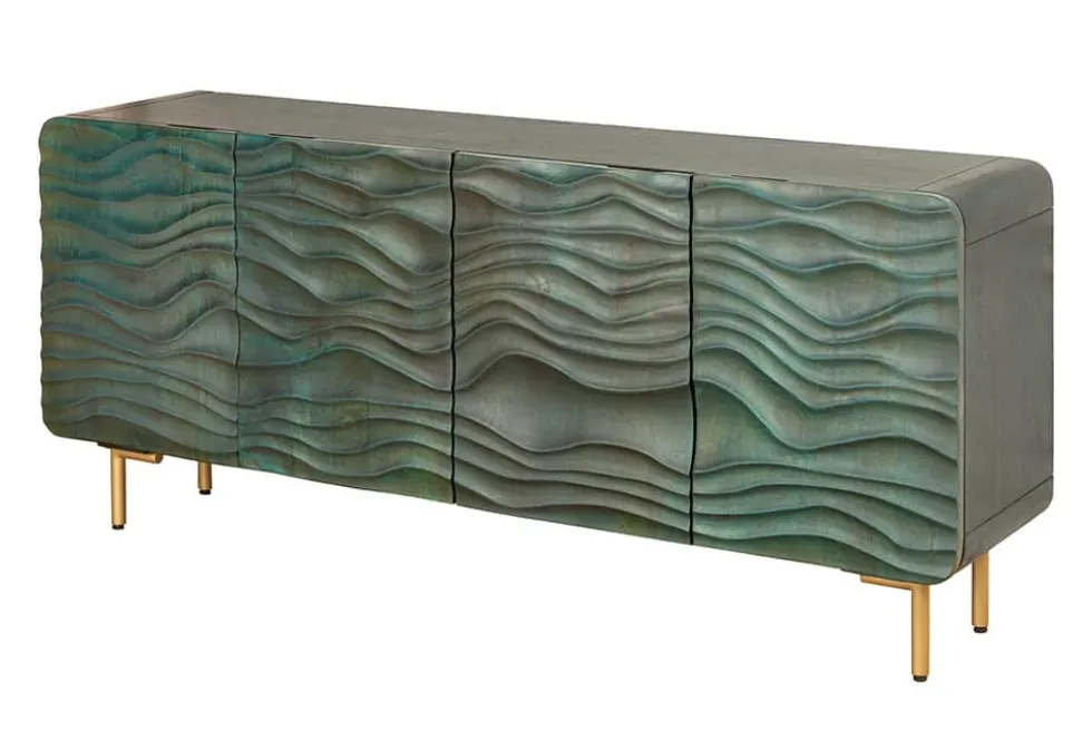 Design Sideboard WAVE 160cm türkis Mangoholz Massivholz mattgold Metallbeine