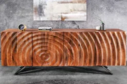 Design Sideboard ZEN 180cm braun Mangoholz mit 3D Schnitzereien Metallgestell schwarz handmade