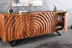 Design Sideboard ZEN 180cm braun Mangoholz mit 3D Schnitzereien Metallgestell schwarz handmade