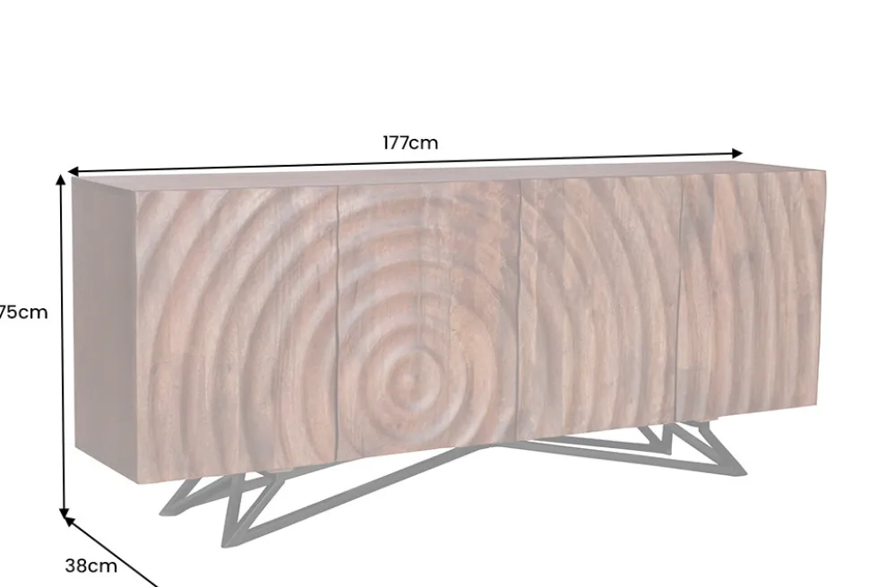 Design Sideboard ZEN 180cm braun Mangoholz mit 3D Schnitzereien Metallgestell schwarz handmade