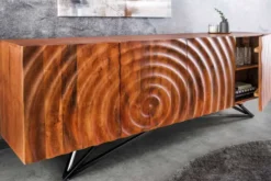 Design Sideboard ZEN 180cm braun Mangoholz mit 3D Schnitzereien Metallgestell schwarz handmade