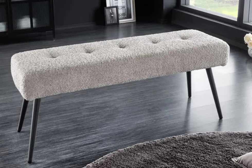 Design Sitzbank BOUTIQUE 100cm champagner greige Bouclé schwarze Metallbeine Polsterbank