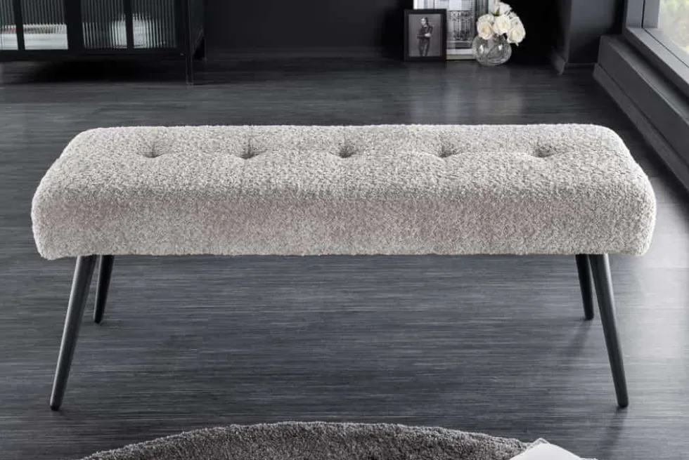 Design Sitzbank BOUTIQUE 100cm champagner greige Bouclé schwarze Metallbeine Polsterbank