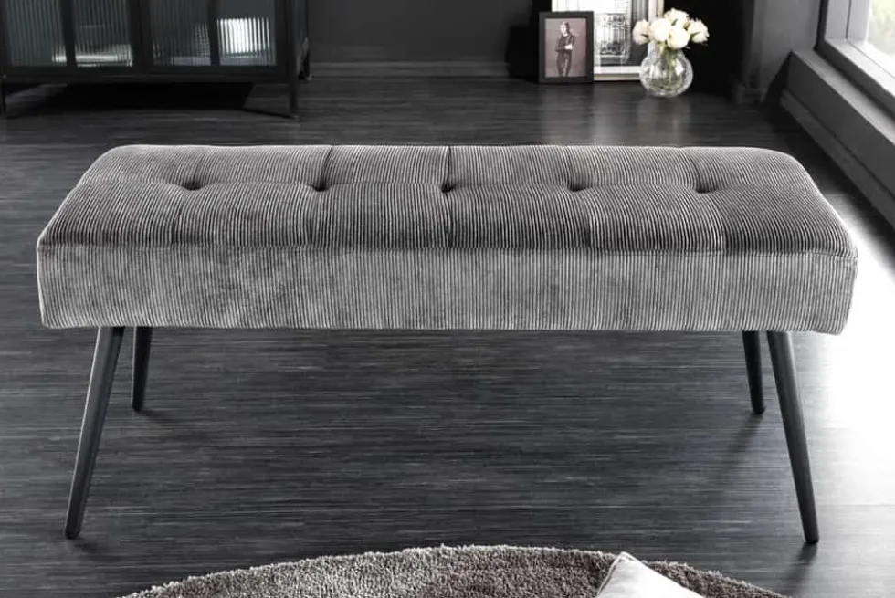 Design Sitzbank BOUTIQUE 100cm dunkelgrau Cord schwarze Metallbeine