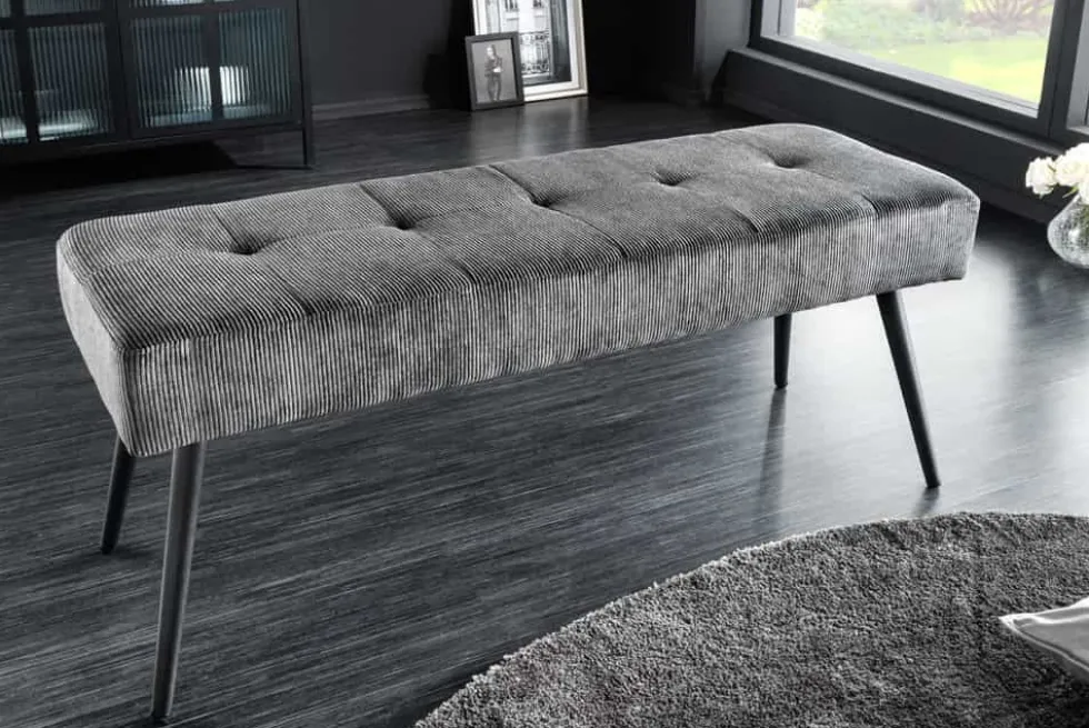 Design Sitzbank BOUTIQUE 100cm dunkelgrau Cord schwarze Metallbeine
