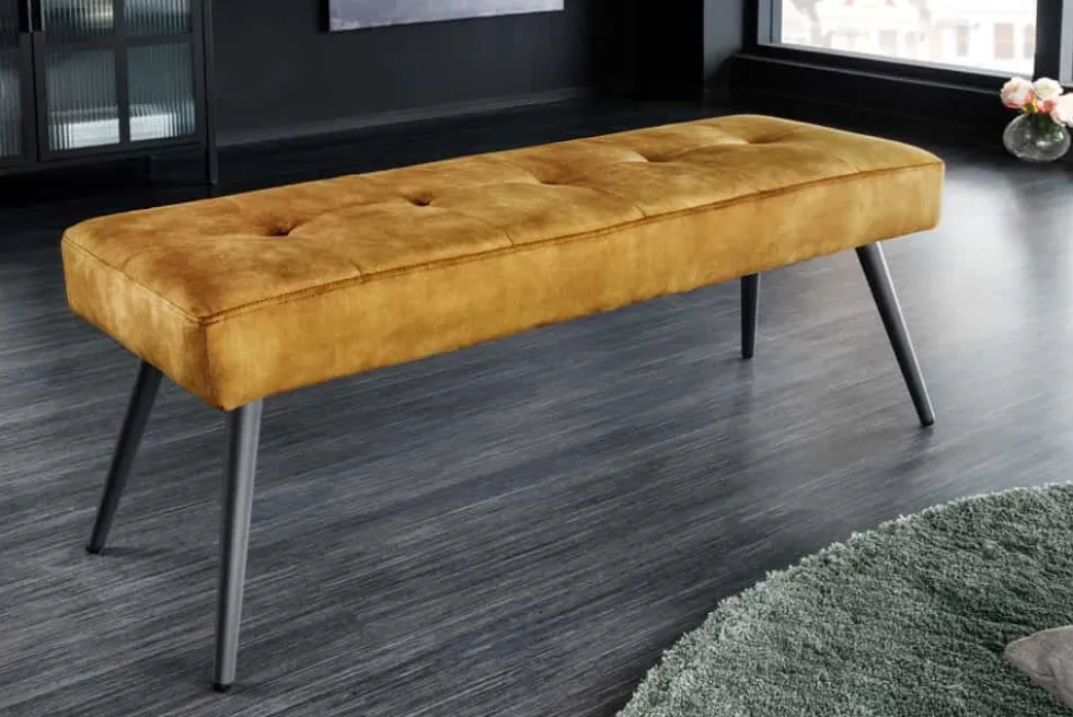 Design Sitzbank BOUTIQUE 100cm senfgelb Samt schwarze Metallbeine