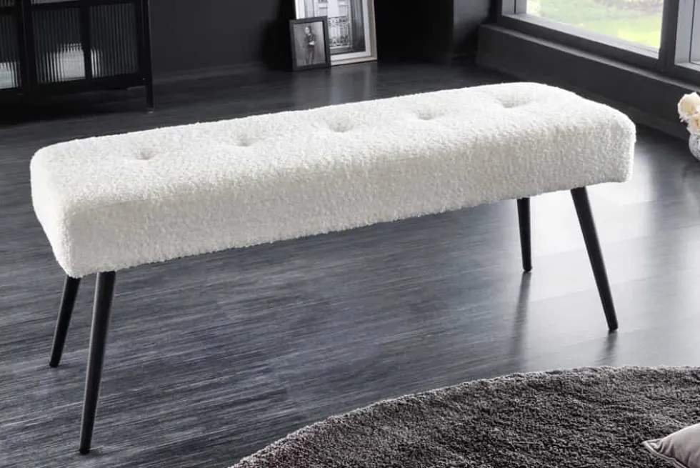 Design Sitzbank BOUTIQUE 100cm weiß Bouclé schwarze Metallbeine Polsterbank