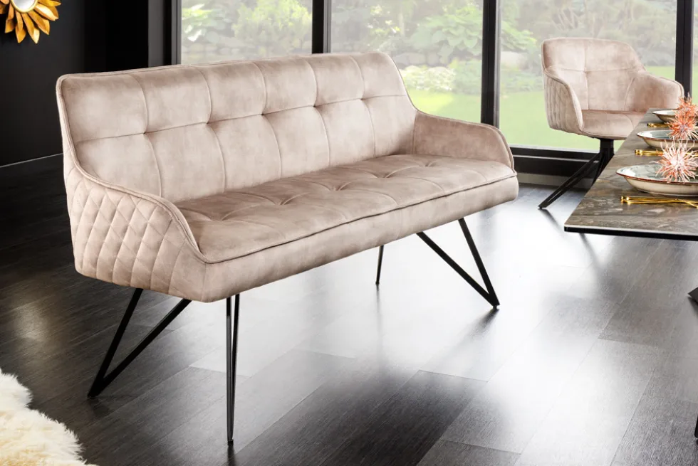 Design Sitzbank EUPHORIA 160cm champagner greige Samt Hairpin Legs Metallbeine Armlehnen