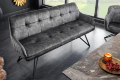Design Sitzbank EUPHORIA 160cm dunkelgrau Samt Retrostil Ziersteppung Hairpin Legs Metallbeine Armlehnen