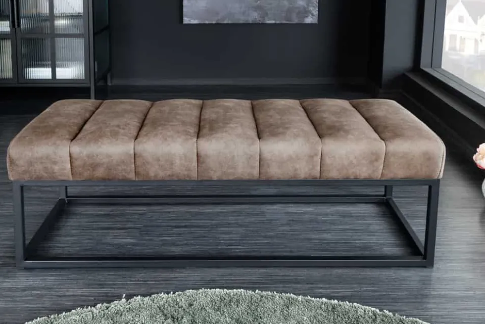 Design Sitzbank PETIT BEAUTÉ 110cm vintage taupe Microfaser schwarzes Metallgestell