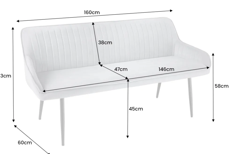 Design Sitzbank TURIN 160cm senfgelb Samt schwarz Metallbeine Armlehne