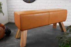 Design Sitzbank TURNBOCK 100cm cognac Echtleder Mangoholz Retro Sitzhocker