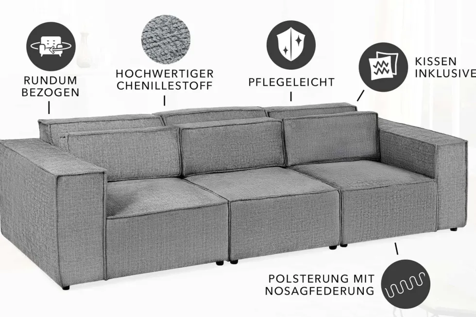 Design 3-Sitzer Sofa BOSSA NOVA 260cm grau Chenille XXL-Couch