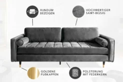 Design 3-Sitzer Sofa COZY VELVET 220cm grau Samt Federkern Lounge