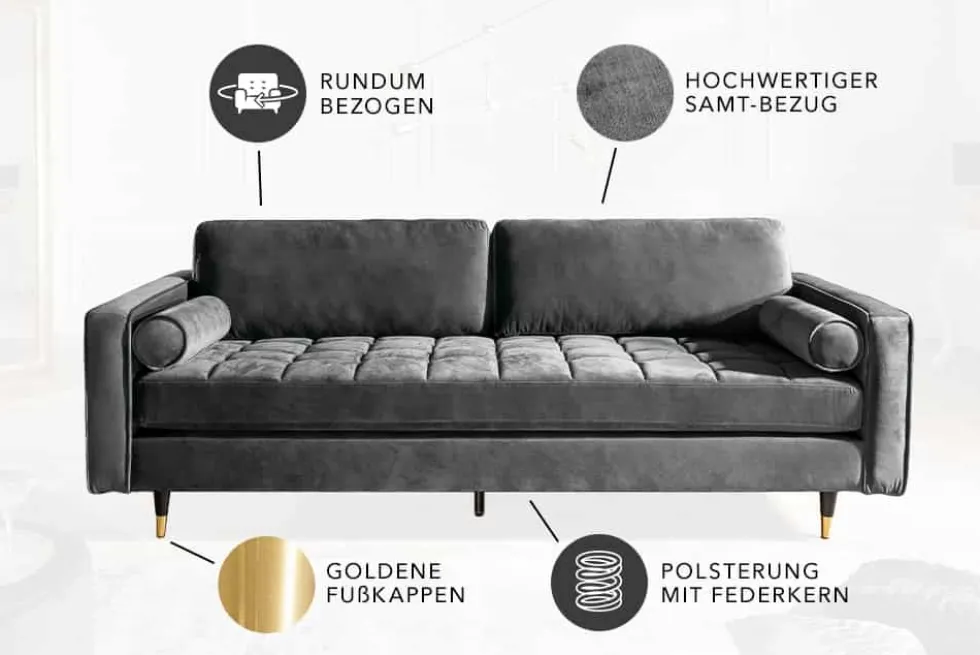 Design 3-Sitzer Sofa COZY VELVET 220cm grau Samt Federkern Lounge