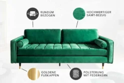 Design 3-Sitzer Sofa COZY VELVET 220cm smaragdgrün Samt Federkern Lounge