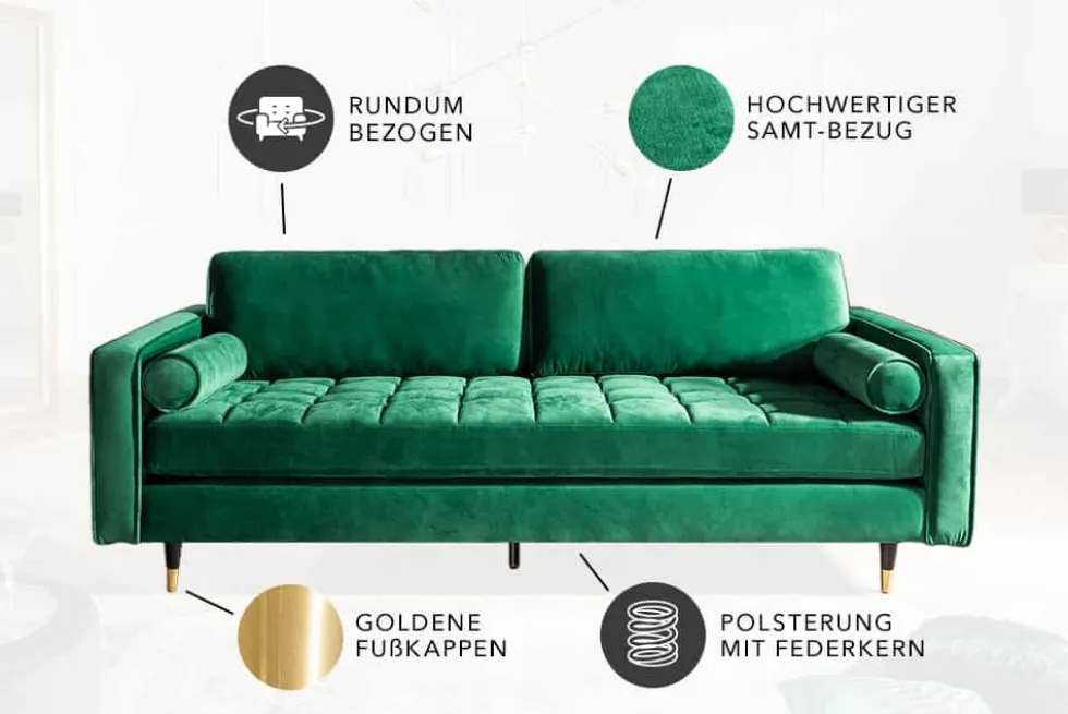 Design 3-Sitzer Sofa COZY VELVET 220cm smaragdgrün Samt Federkern Lounge