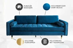 Design 3-Sitzer Sofa COZY VELVET 220cm petrol blau Samt Federkern Lounge