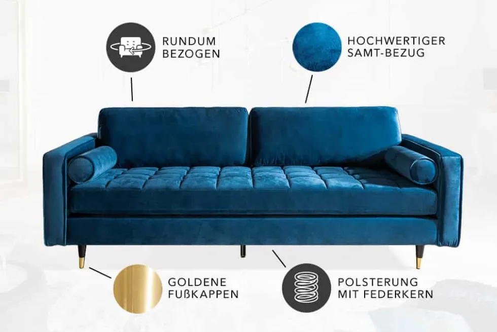 Design 3-Sitzer Sofa COZY VELVET 220cm petrol blau Samt Federkern Lounge