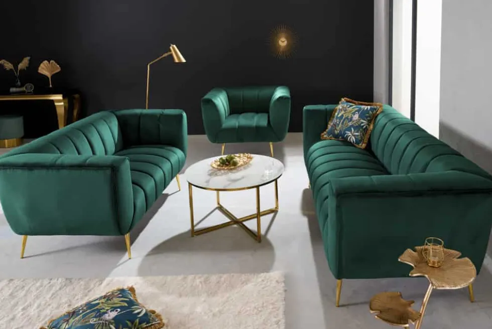 Design 2-Sitzer Sofa NOBLESSE 165cm smaragdgrün Samt Federkern goldene Metallfüße