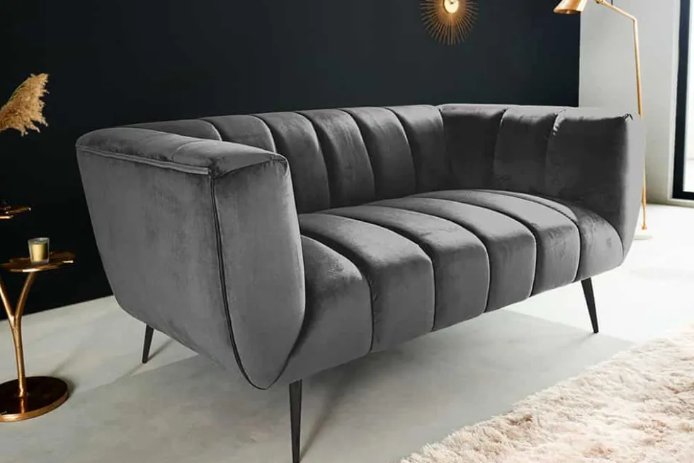 Design 2-Sitzer Sofa NOBLESSE 165cm grau Samt schwarze Metallfüße Federkern