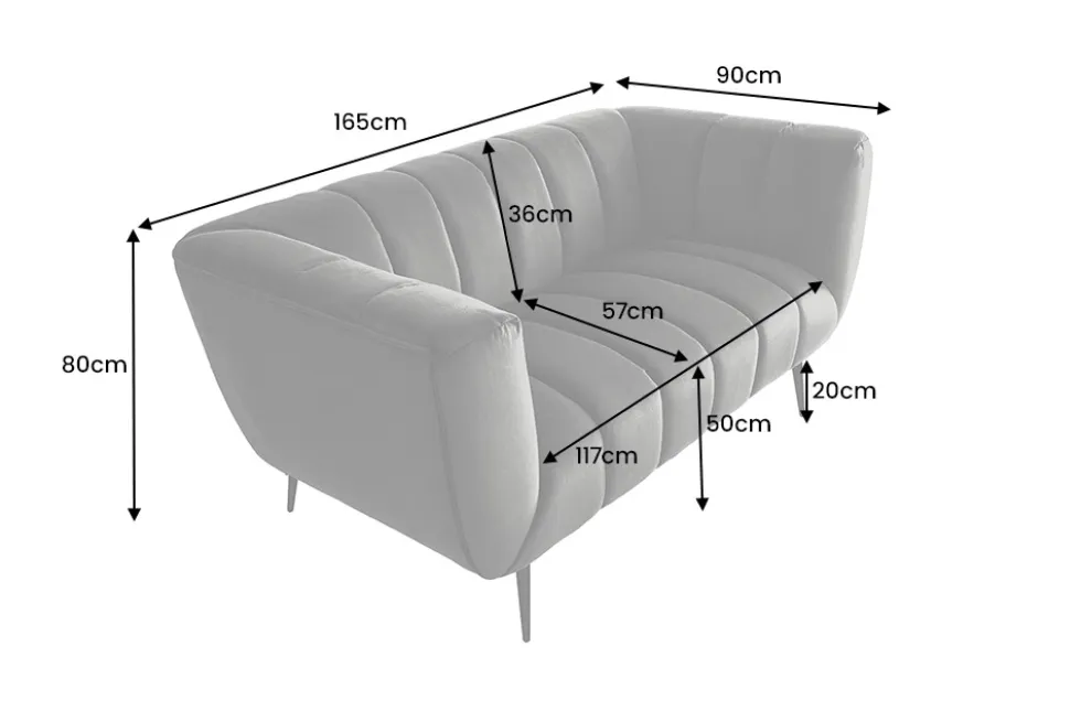 Design 2-Sitzer Sofa NOBLESSE 165cm grau Samt schwarze Metallfüße Federkern