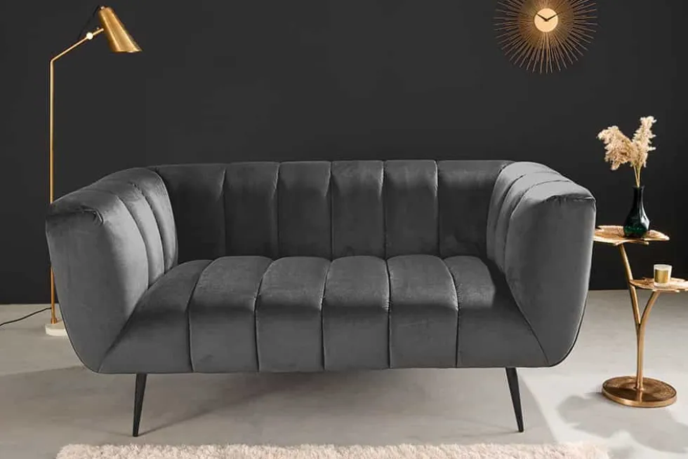 Design 2-Sitzer Sofa NOBLESSE 165cm grau Samt schwarze Metallfüße Federkern