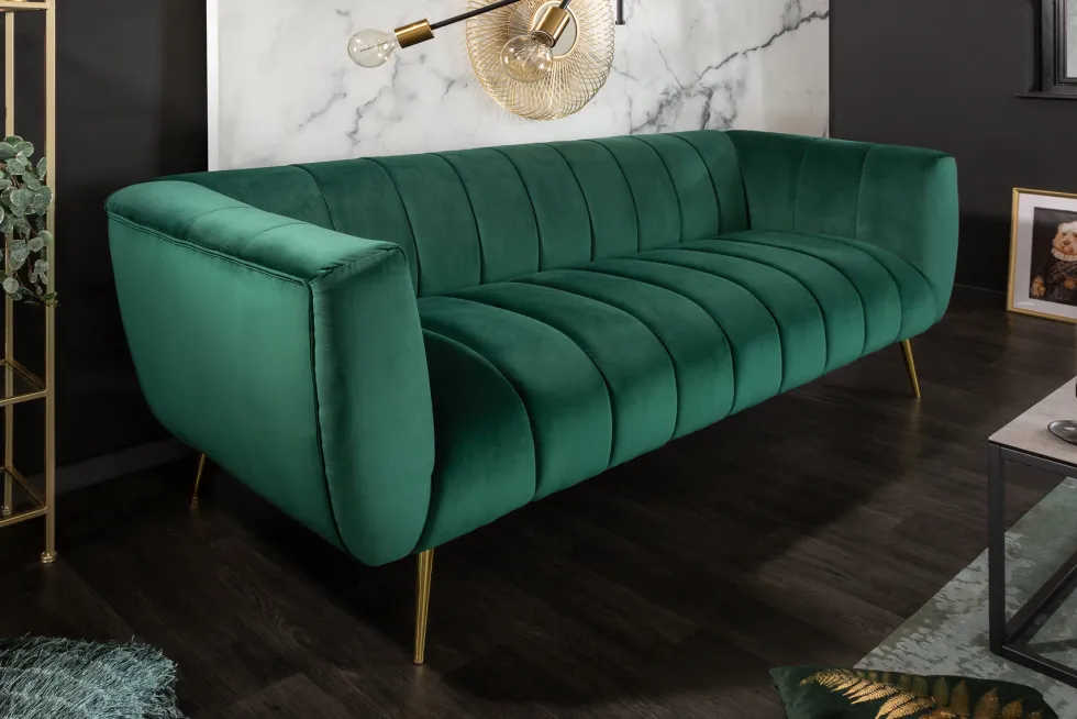 Design 3-Sitzer Sofa NOBLESSE 225cm smaragdgrün Samt Federkern goldene Metallfüße