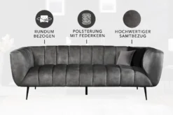 Design 3-Sitzer Sofa NOBLESSE 225cm grau Samt Federkern schwarze Metallfüße