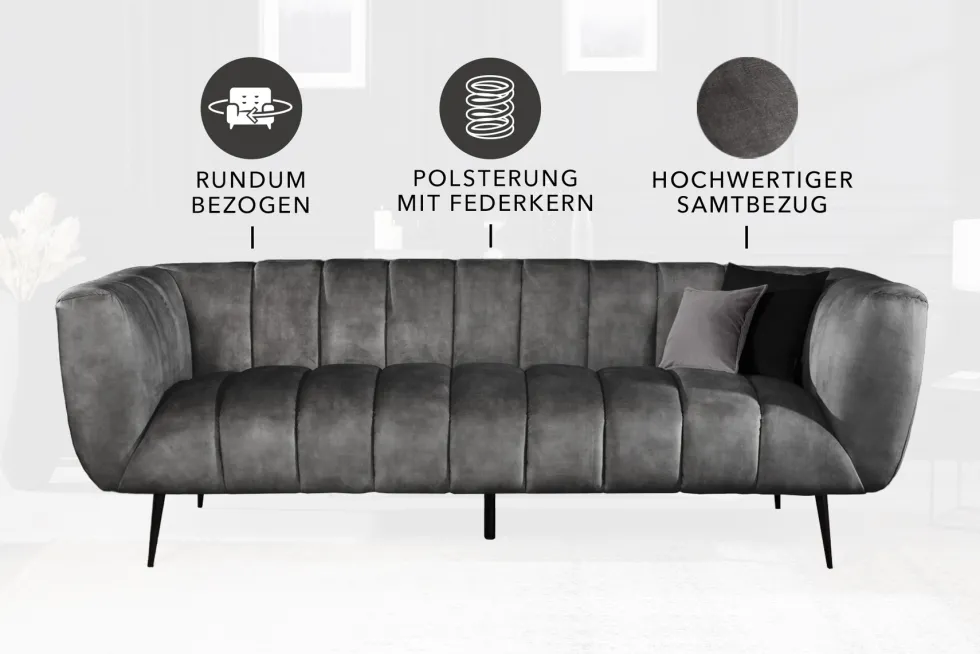 Design 3-Sitzer Sofa NOBLESSE 225cm grau Samt Federkern schwarze Metallfüße