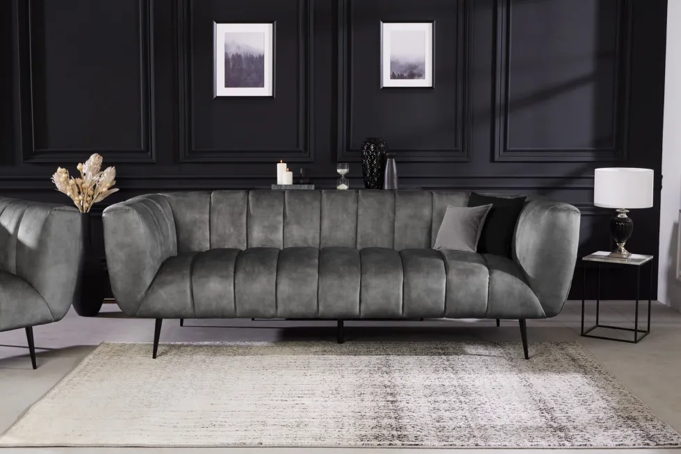 Design 3-Sitzer Sofa NOBLESSE 225cm grau Samt Federkern schwarze Metallfüße