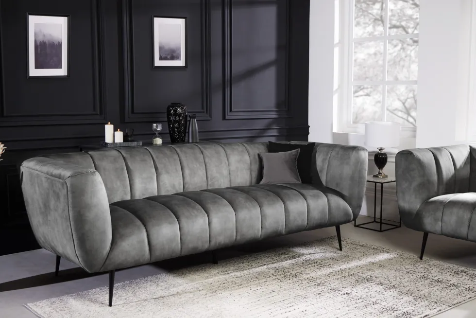 Design 3-Sitzer Sofa NOBLESSE 225cm grau Samt Federkern schwarze Metallfüße