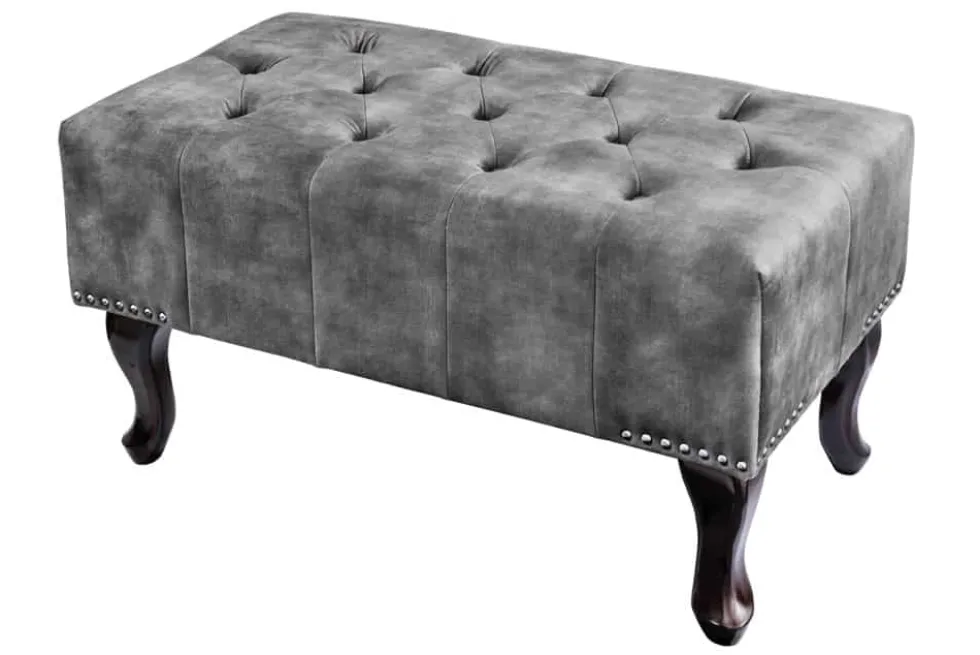 Design Sitzhocker CHESTERFIELD 80cm grau Samt Knopfheftung Nietenbesatz
