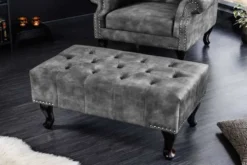 Design Sitzhocker CHESTERFIELD 80cm grau Samt Knopfheftung Nietenbesatz